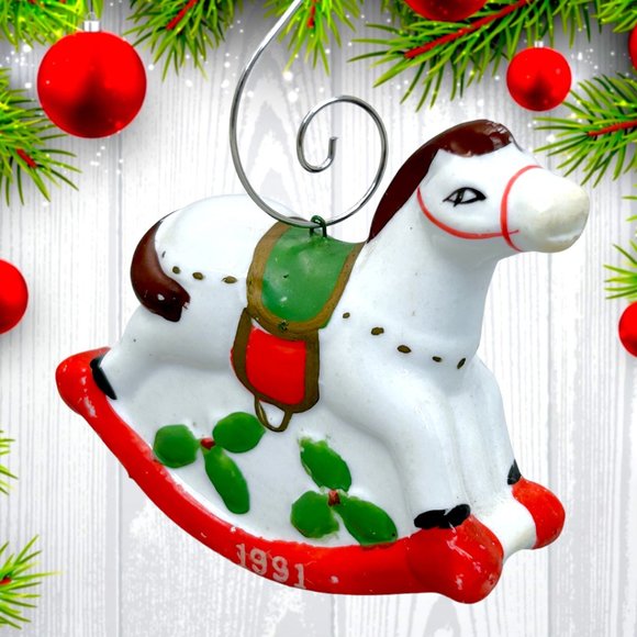 Vintage 1991 Ceramic Rocking Horse 3" Christmas Tree Ornament - Picture 1 of 3